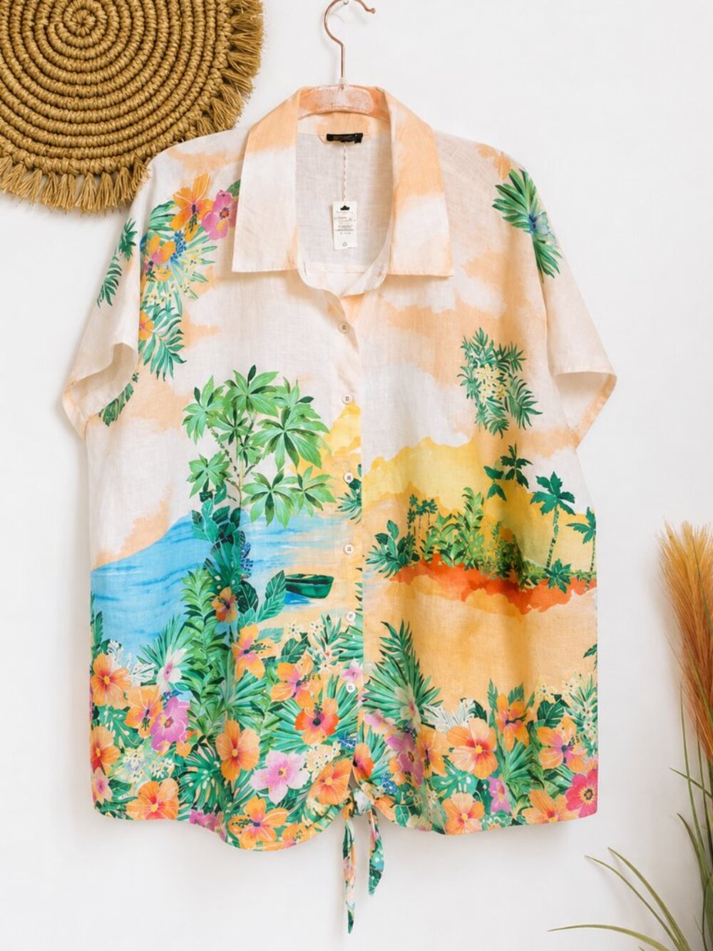 Talbots NEW Linen Cotton Tropical Sunset Horizon Tie Hem Button Front Top SZ 3X